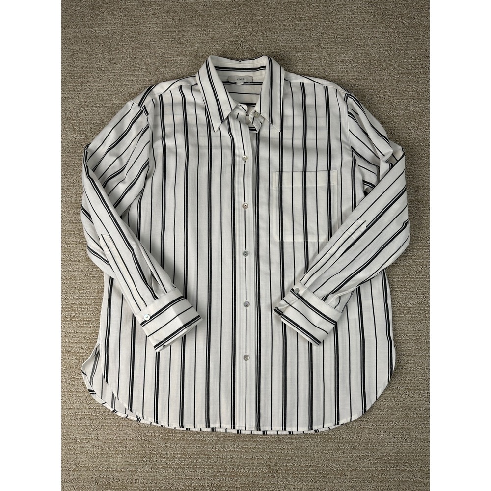 Vince Striped Button Down Shirt White Black Lyocell Cotton Linen Blend Medium